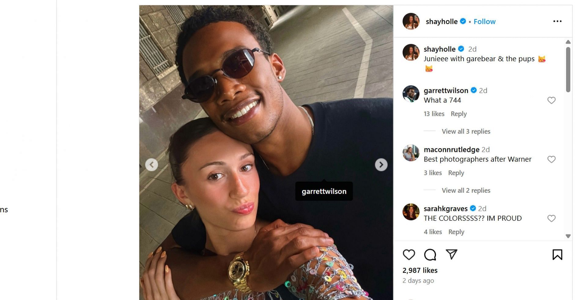 Garrett Wilson commented on his girlfriend Shay Holle's post (Image Source: Instagram/@shayholle)